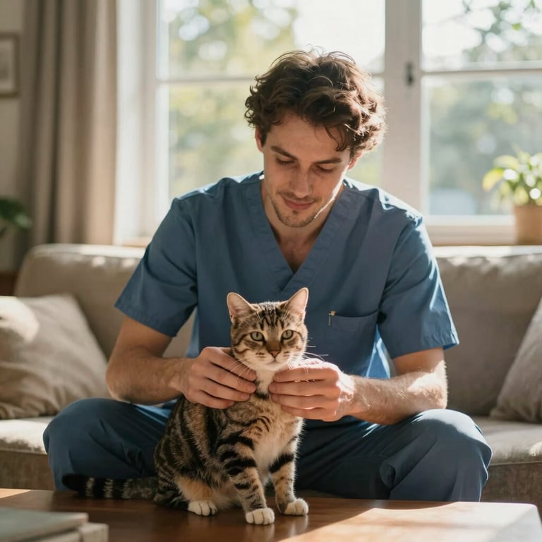 Candid portrait of a male caregiver gently playing with a tabby cat in a sunlit living room, warm window light