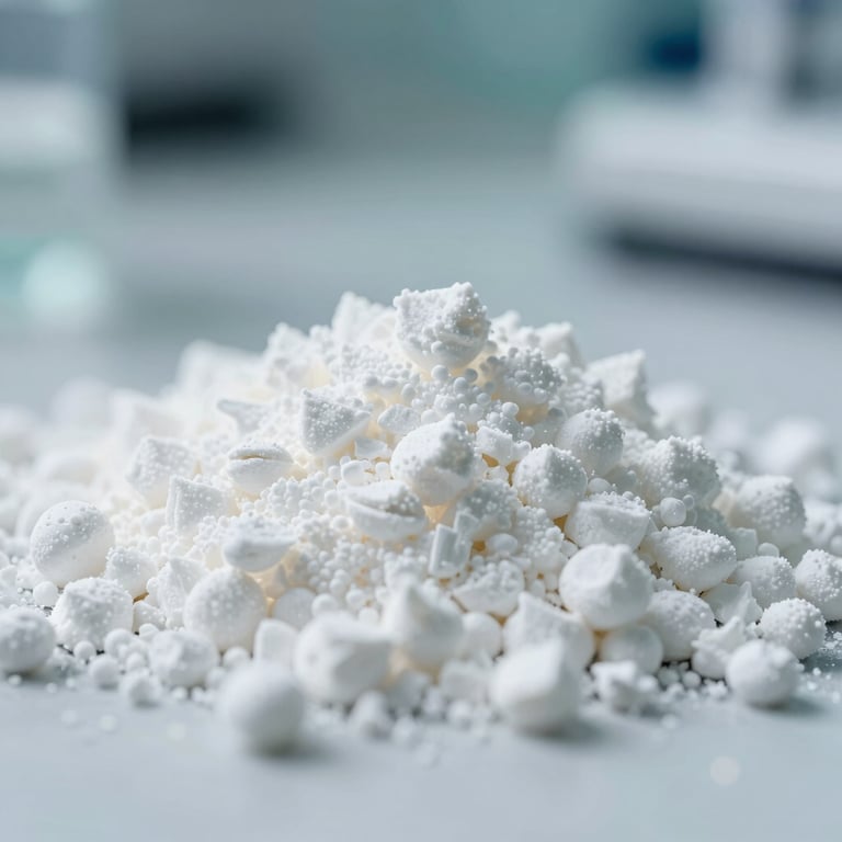 Extreme macro shot of high-purity white Urea prills in a modern laboratory setting, sharp focus, clean teal lighting.