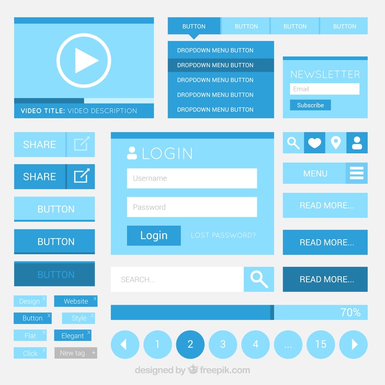 Kit de interfaz plana (Flat UI) con elementos de sitio web en color azul, incluyendo formulario 