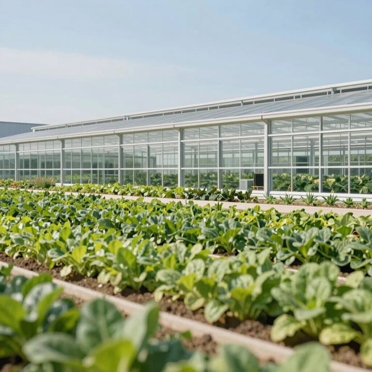 A modern agricultural facility with advanced glass tech and organic greenery, representing agro-industry in a professional style.