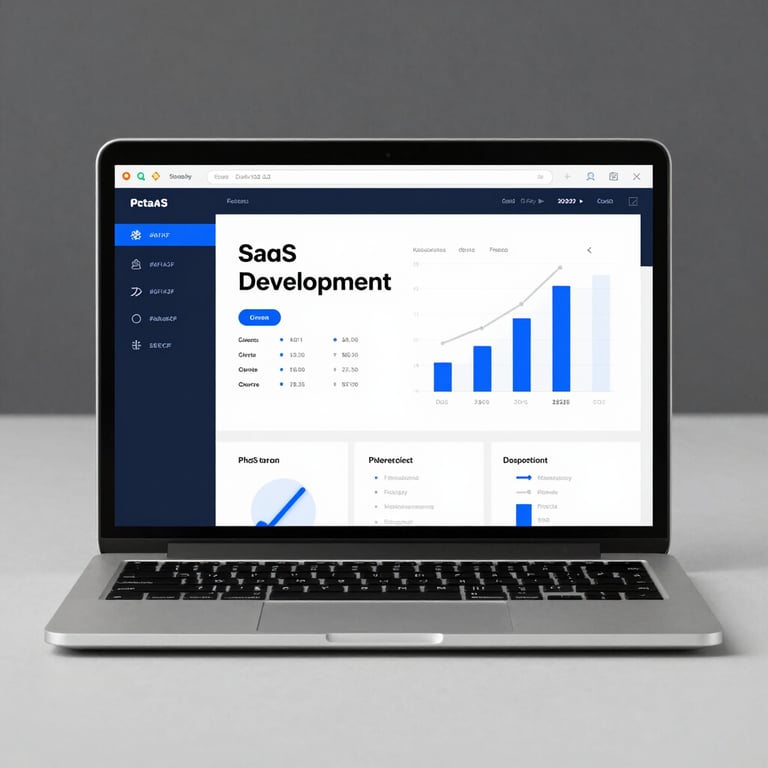 A sleek laptop showing a dark-themed SaaS interface with clean lines, representing software development in colors #0F1A2F and #5E9CD1.