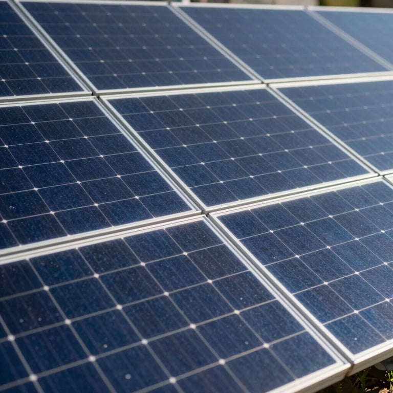 Geometric arrangement of dark blue solar panels under clear lighting, emphasizing renewable energy.