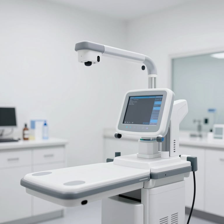 Highly advanced medical diagnostic tool in a minimalist white clinic, evoking trust and health innovation.