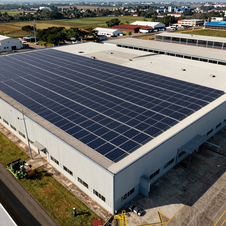 Large-scale industrial solar installation on a factory warehouse roof in Brazil, professional aerial shot.