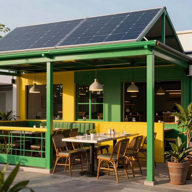 A trendy restaurant with a solar-powered outdoor patio structure, vibrant green and yellow accents.