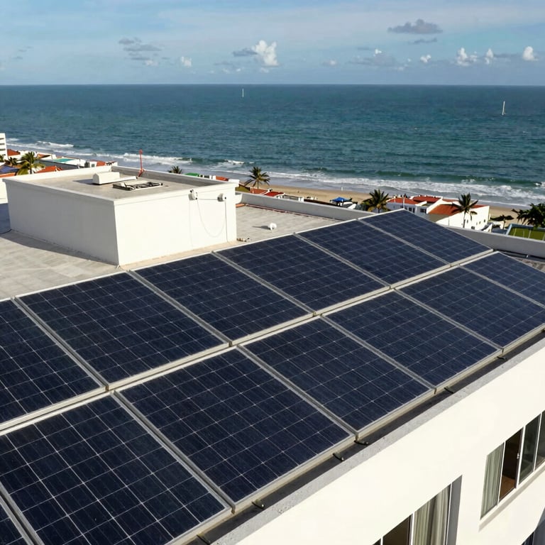 Roof of a modern hotel in Fortaleza covered with high-efficiency solar modules, ocean in the distance.