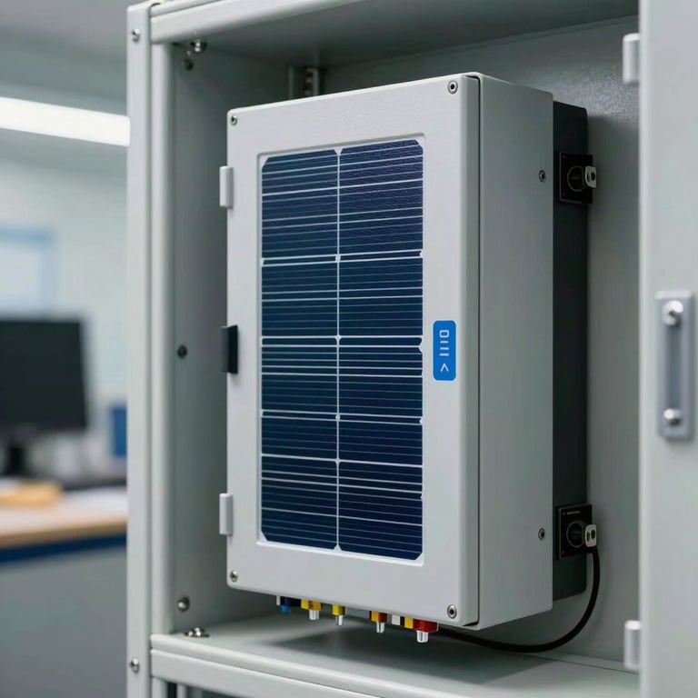 Close-up of a high-tech solar energy inverter installed in a clean, modern commercial utility room.