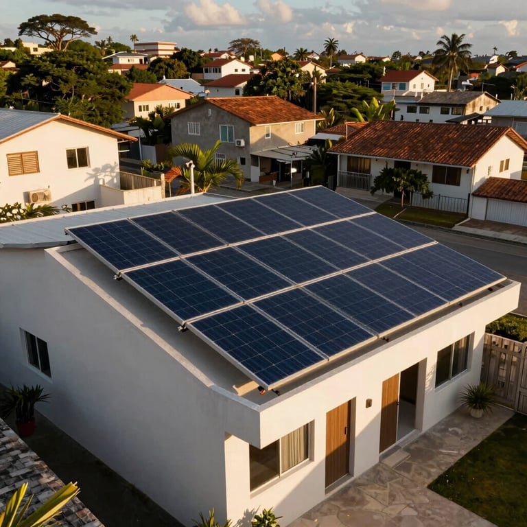 Solar panels on a luxury residential home in a South American Brazilian neighborhood, golden hour lighting.