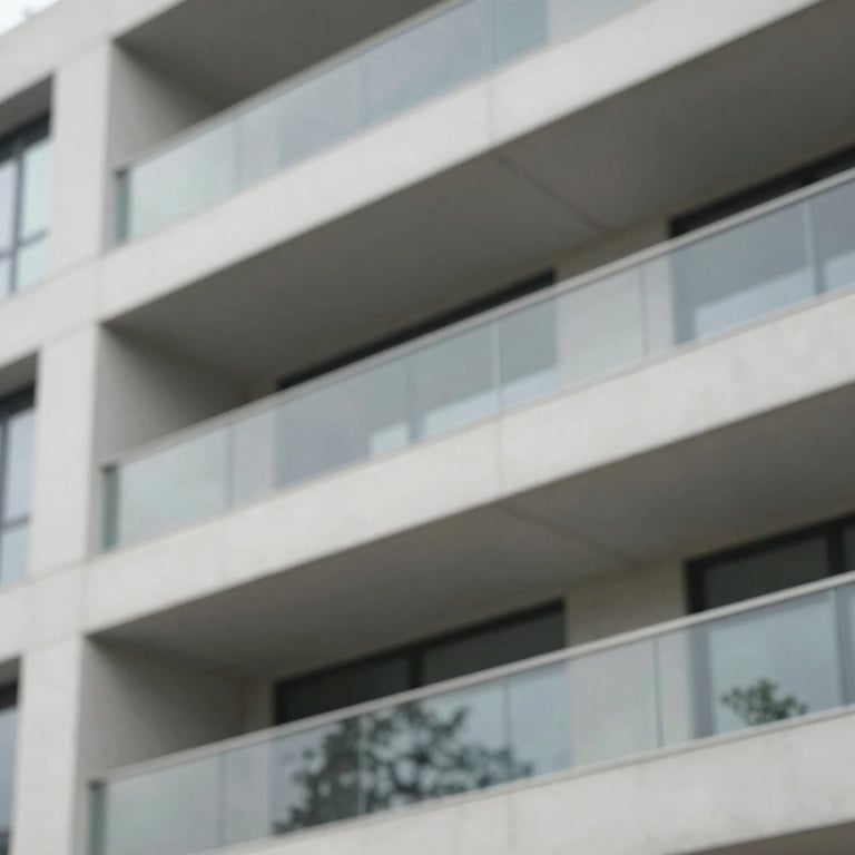 Modern glass balcony railings on a minimalist concrete building structure.