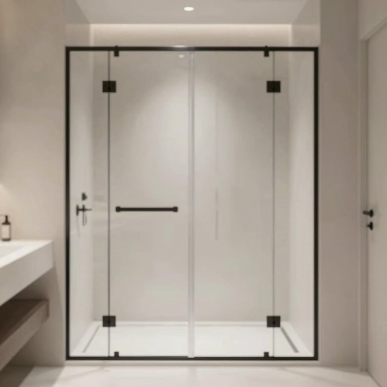 A sleek, frameless glass shower enclosure with matte black hardware for a contemporary bathroom look.