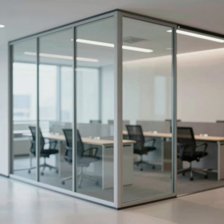 An interior office partition made of clear glass with slim aluminum frames, emphasizing transparency.