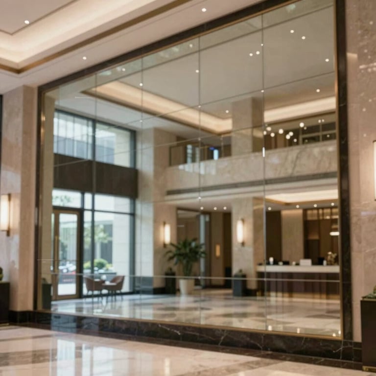 A large-scale decorative mirror wall in a hotel lobby, reflecting a clean and modern interior design.
