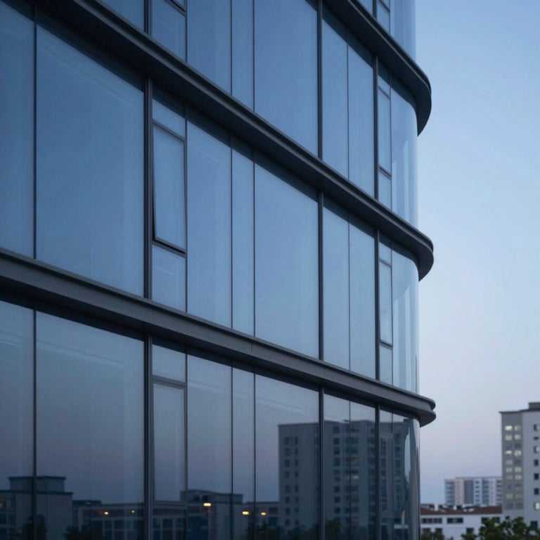 Floor-to-ceiling glass windows in a high-end apartment reflecting a blue hour city sky with #BCC9D4 tones.