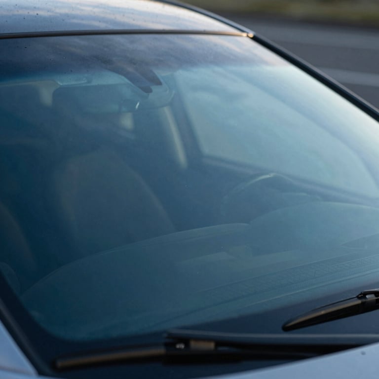 Close-up of a perfectly clear, new windshield reflecting the deep blue sky.