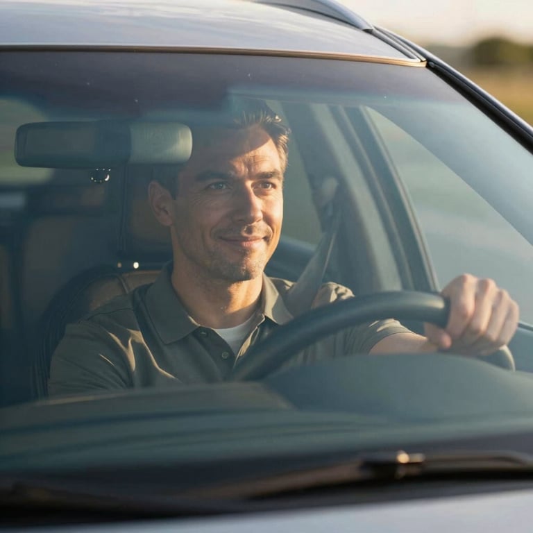 A satisfied customer driving their car with a crystal-clear windshield under the afternoon sun.