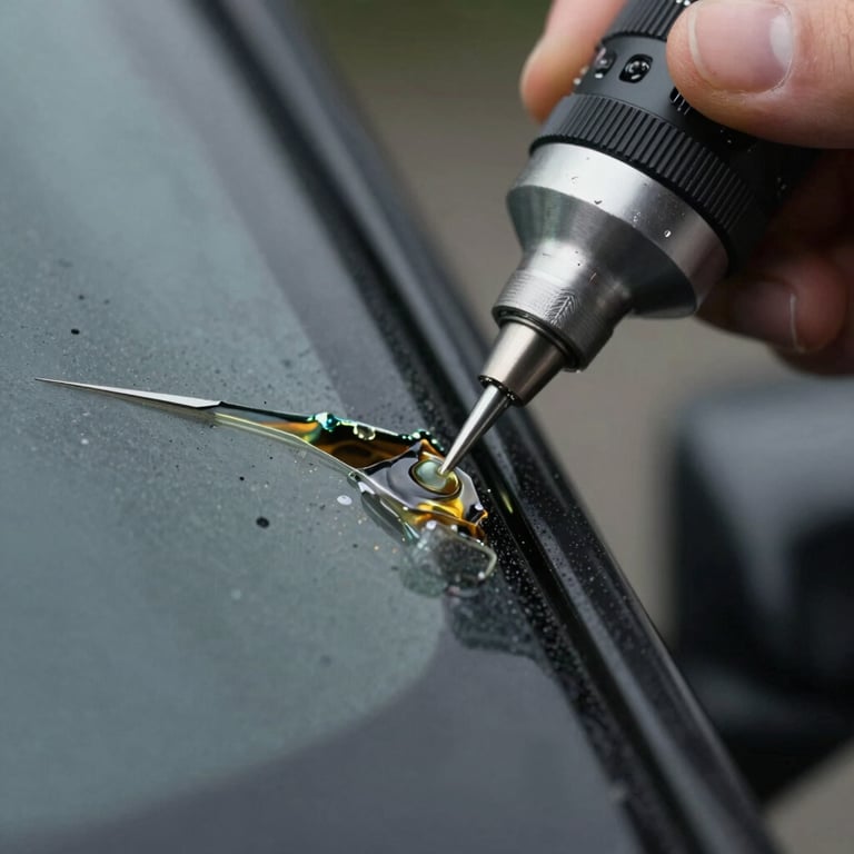 Detailed macro shot of high-quality resin filling a windshield chip with professional accuracy.