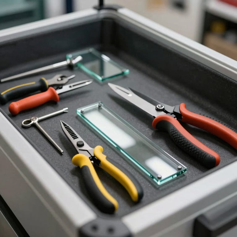 Modern glass repair tools neatly organized inside a service vehicle, bright and clear lighting.