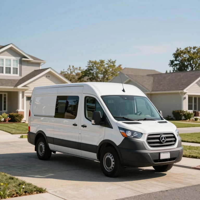 A wide shot of a Horizon service van parked in a sunny North American suburban driveway.
