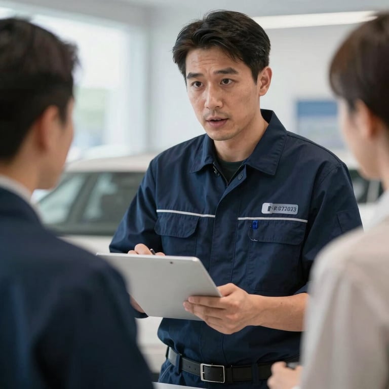 A professional technician in a clean, dark blue uniform speaking with a customer near a car.