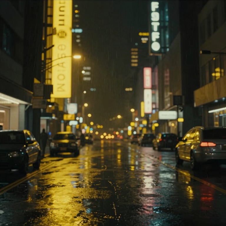 Cinematic wide shot of a futuristic neon city at night, heavy atmosphere, rain slicked streets, yellow (#FFFF00) highlights against black shadows (#000000).