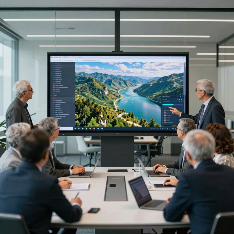 A group of senior developers in a modern glass conference room reviewing a digital landscape on a massive screen, professional and focused atmosphere.