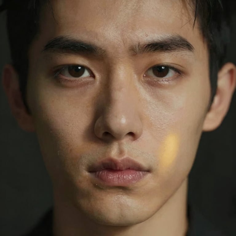 Extreme close-up of a hyper-realistic digital human face, showing skin texture and pores, lit by a single yellow light source in a dark environment.