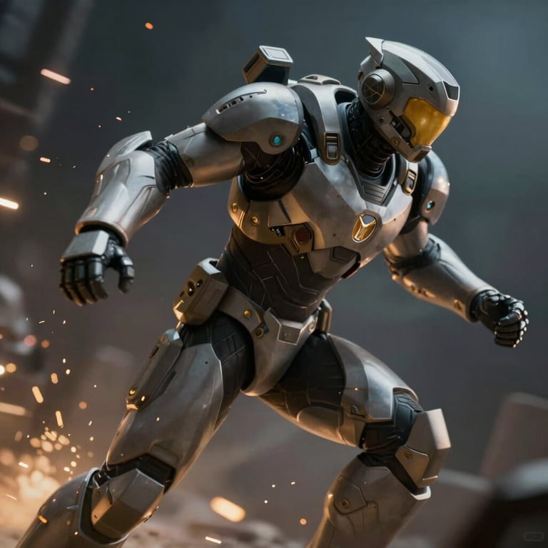 Action concept art showing a protagonist in high-tech armor moving through a dark environment, sparks flying, cinematic motion blur, yellow energy effects.