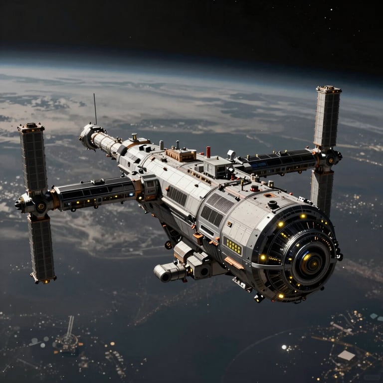 Concept art of a massive orbital space station, sleek industrial design, high contrast lighting, black and grey palette with yellow signal lights.