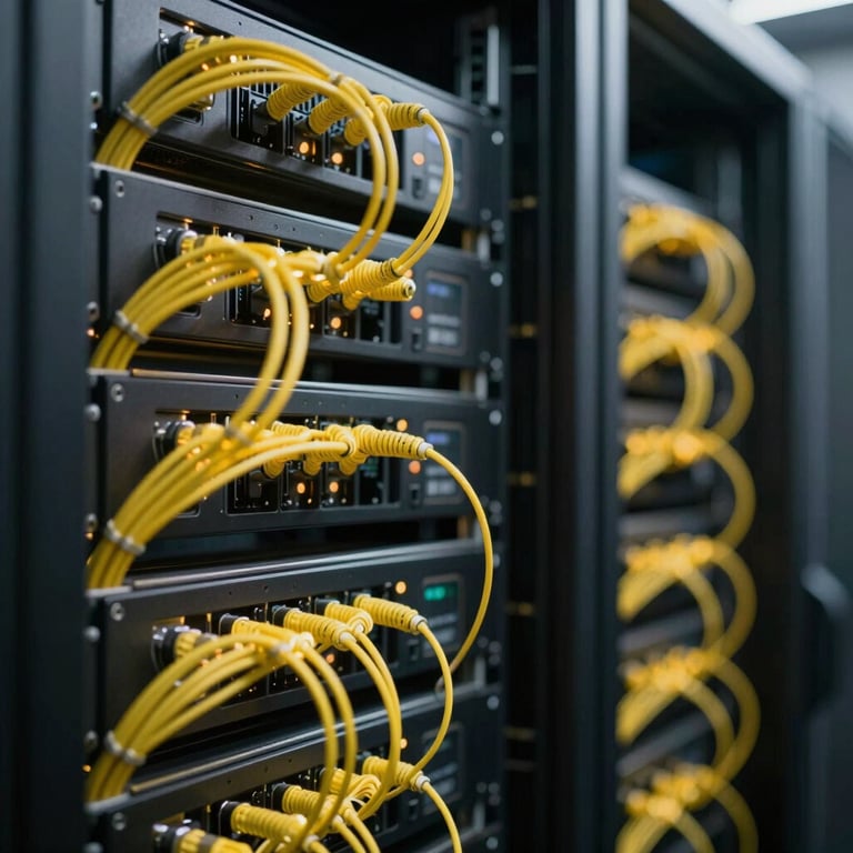 Internal view of a high-tech server room with black racks and yellow fiber optic cables glowing in the dark, symbolizing the studio's technical backbone.