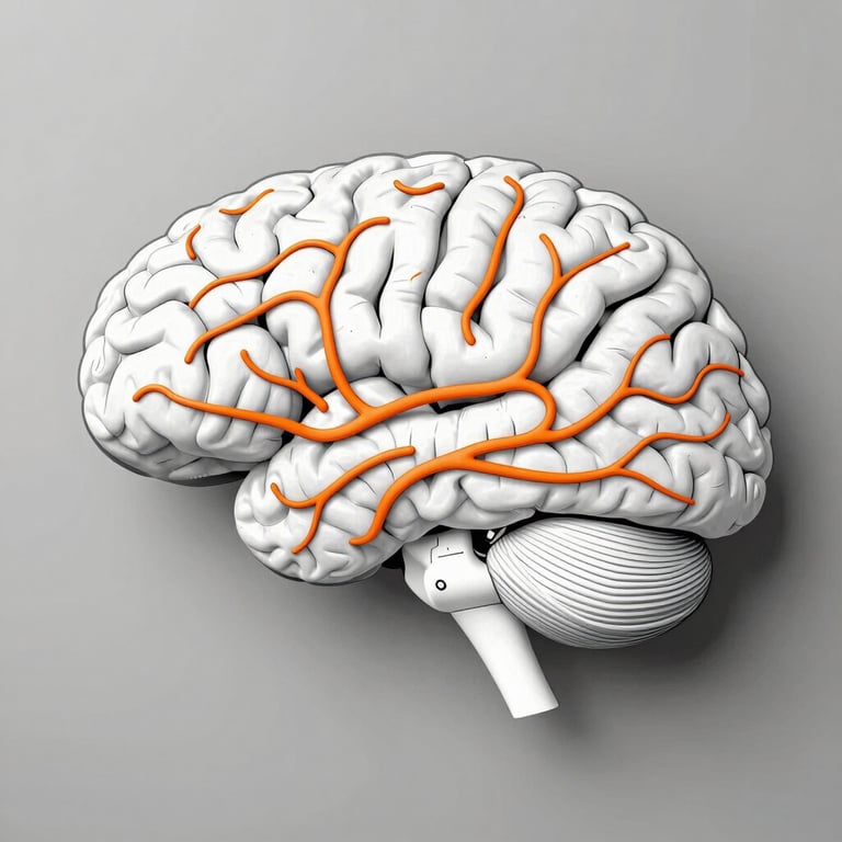 A minimalist vector diagram showing a clean, high-contrast brain activation map with sharp orange lines representing focus pathways.