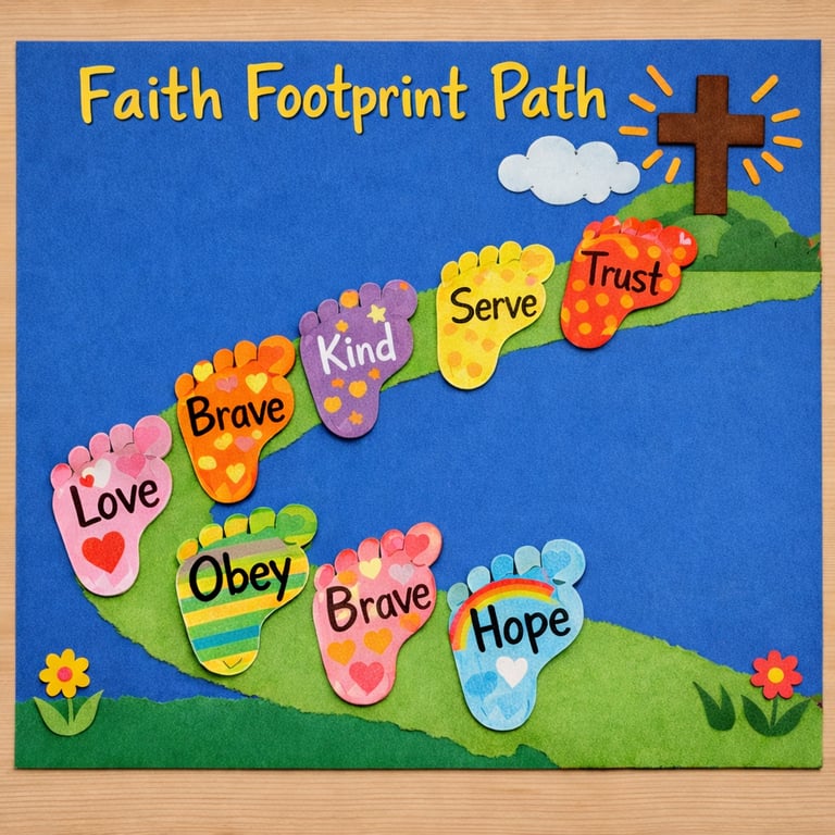 Kids Christian craft with colorful faith footprints leading to a cross.