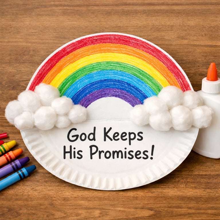 Rainbow paper plate craft with cotton clouds and “God Keeps His Promises” for Sunday school kids.