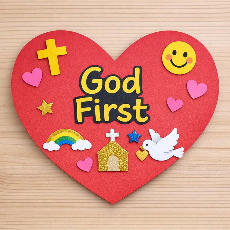 Red paper heart with God First text, cross, dove, and church icons for Christian crafts.