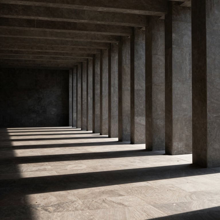 Wide structured architectural space with deep charcoal tones, sharp directional light casting deep clean shadows, conveying absolute precision and boundaries.