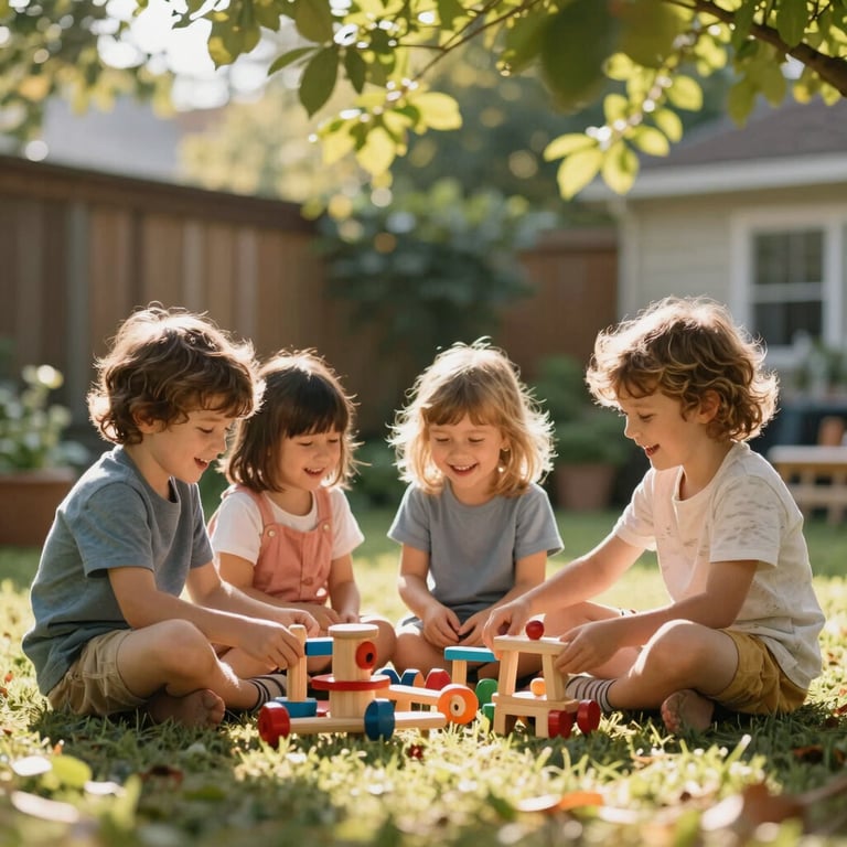 Children laughing and playing with handmade wooden toys in an open-air backyard, warm sunbeams filtering through green leaves.