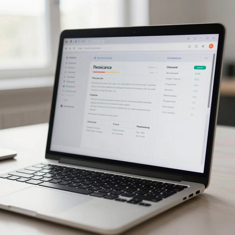 Close-up of a secure, high-end laptop showing clean compliance dashboards, bright daylight-balanced studio lighting, cool undertones, professional and distraction-free.