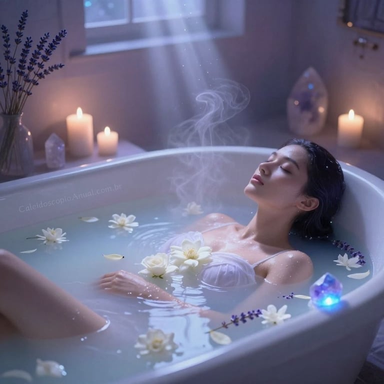 Banho Estrela purificação: água lavanda pétalas brancas luz prateada cura esperança fé celestial ritual
