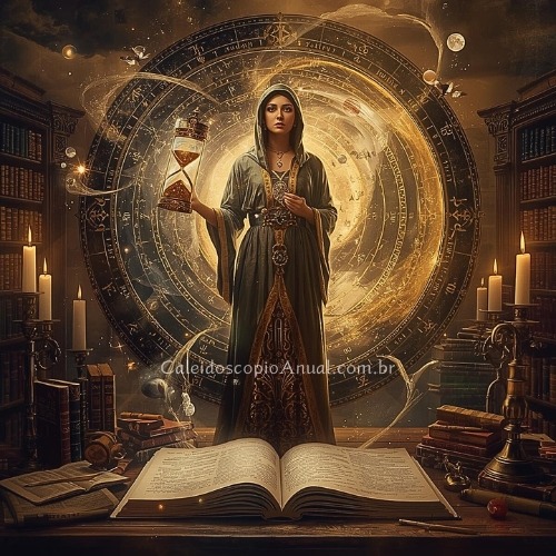 Guardião do Tempo em biblioteca mística com calendário cósmico e símbolos esotéricos ancestrais