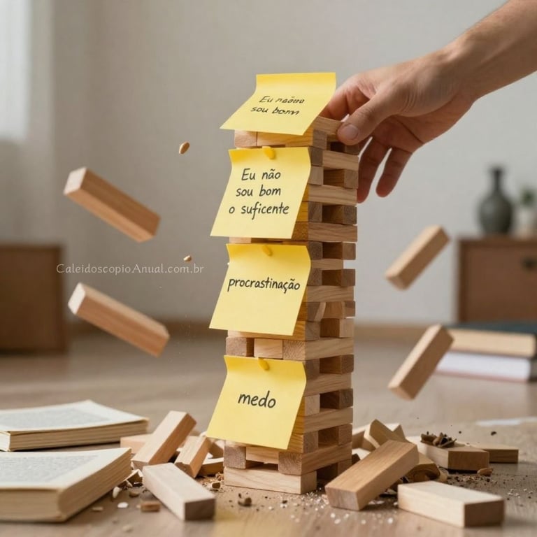 Ritual torre crenças: blocos empilhados post-it demolição peteleco libertação hábitos limitantes caos