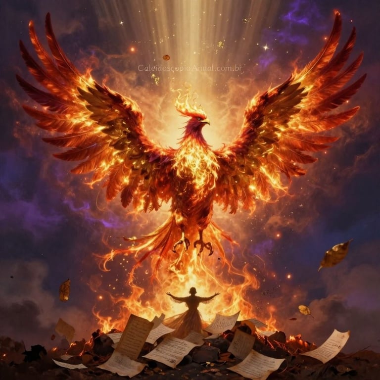 Fênix dourada renascendo das cinzas em chamas carmesim e luz do amanhecer — símbolo de transformação e renascimento.