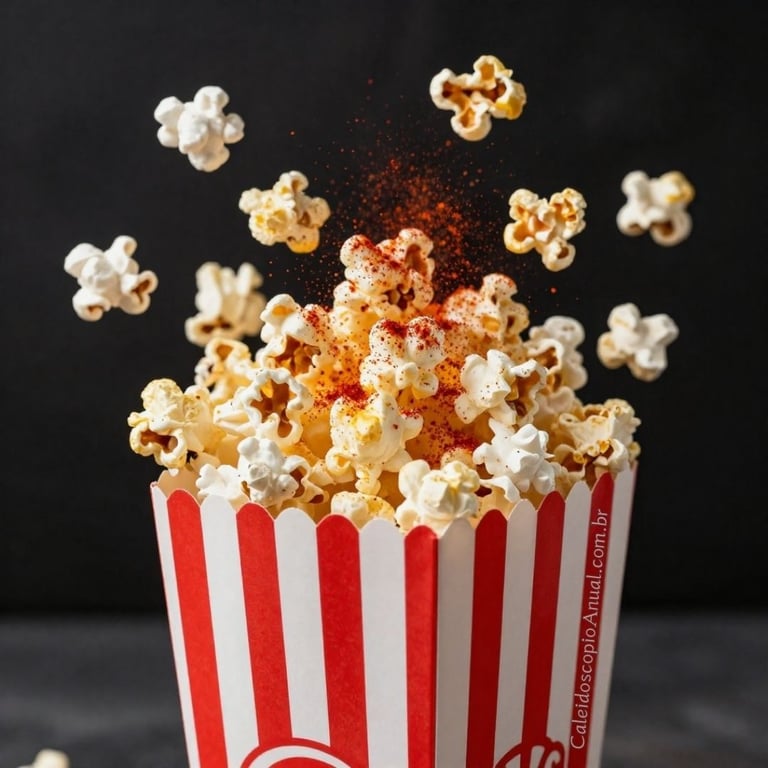 Pipoca apimentada explodindo para fora de uma caixa clássica listrada em vermelho e branco, contra um fundo escuro.