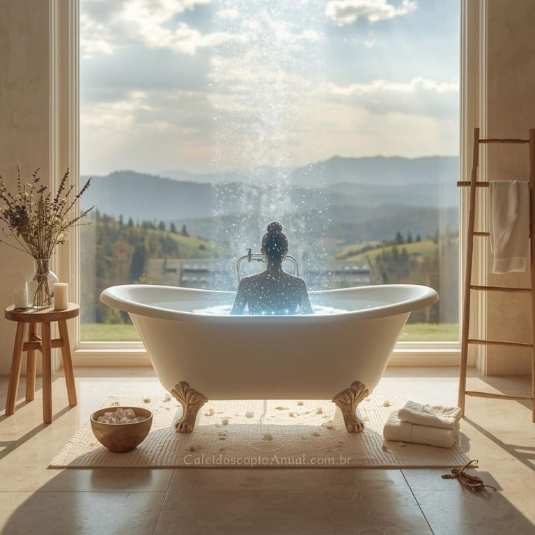 Banho purificação energética: banheira com sal ervas florais vela vista montanhas luz natural cura.
