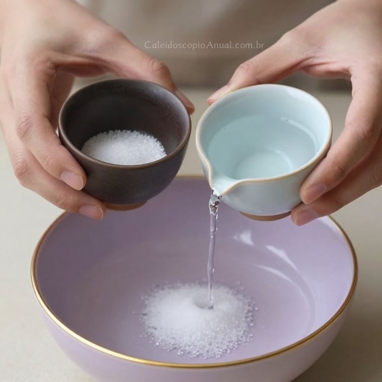 Duas mãos seguram duas xícaras de cerâmica simples e belas. Uma de cor escura com sal e outra clara com água.