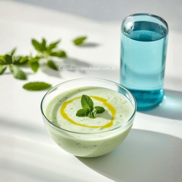 Tigela de sopa fria de pepino com hortelã ao lado de um copo de água solarizada azul, ambas louças transparentes..