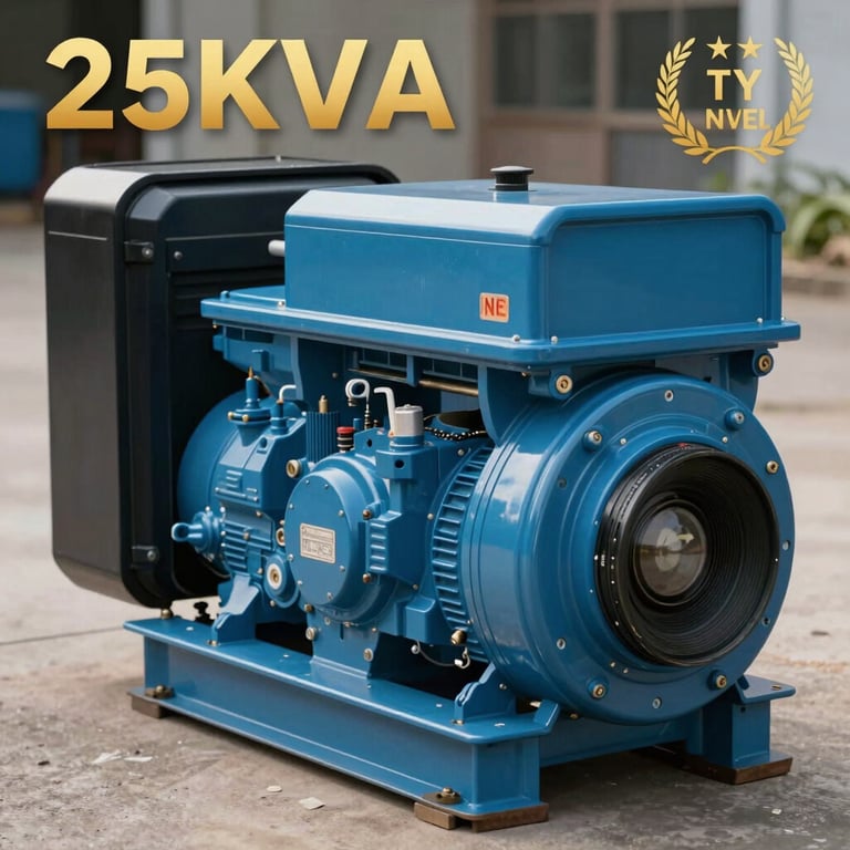 A 25kVA compact generator for light industrial use, clean steel blue finish, outdoors.