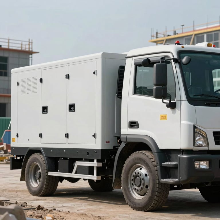 A technical support vehicle parked next to a generator unit on a construction site.