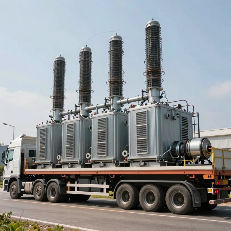 A large 500kVA power plant being transported on a heavy-duty truck, bright day lighting.