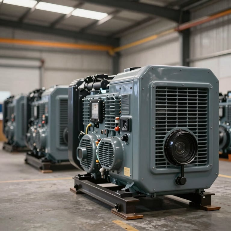 A line of high-quality generators in a clean, professional warehouse ready for dispatch.