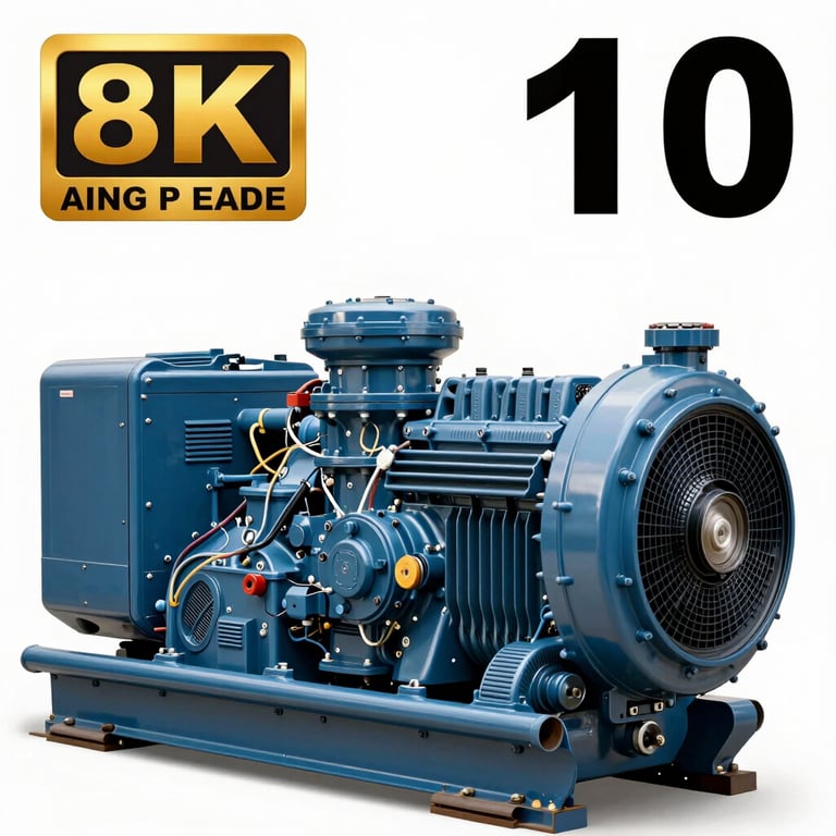 Side view of an industrial generator unit showing its robust build and steel blue details.
