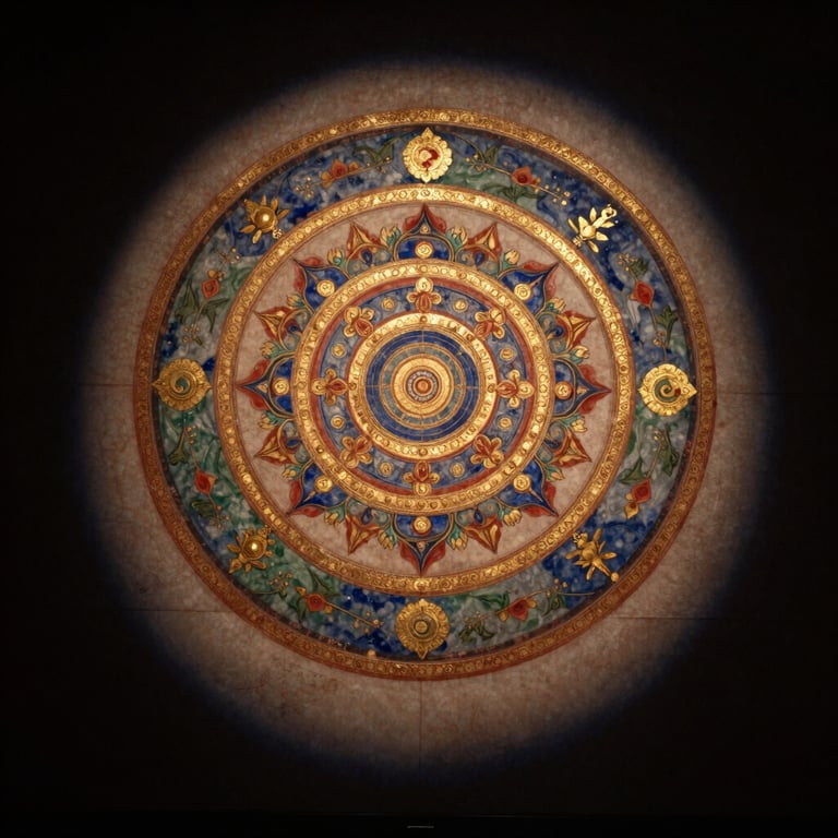 Macro shot of a 15th-century Tibetan mandala, mineral pigments on cotton, gold leaf details, dramatic gallery spotlight casting deep shadows, 50mm lens